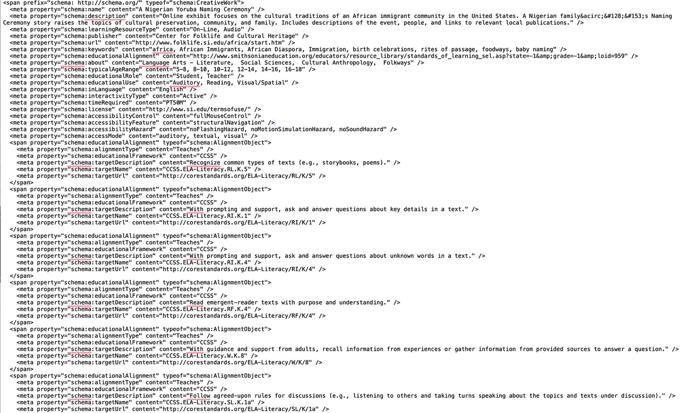 HTML code showing schema tags for LRMI metadata for a web-based educational resources.