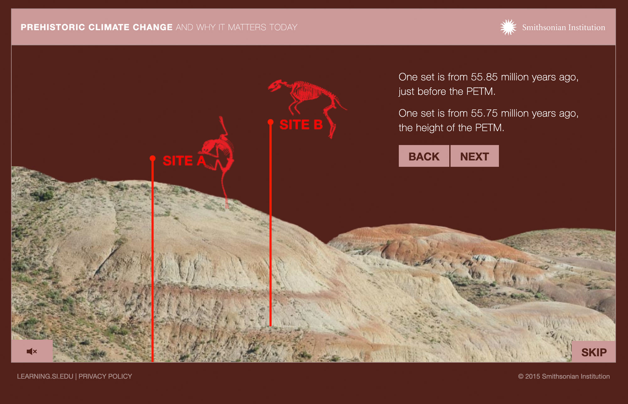 View of the interactive showing the location of the fossil excavation.