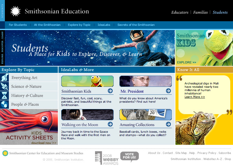 View of a Students' homepage of SmithsonianEducation.org with digital features.