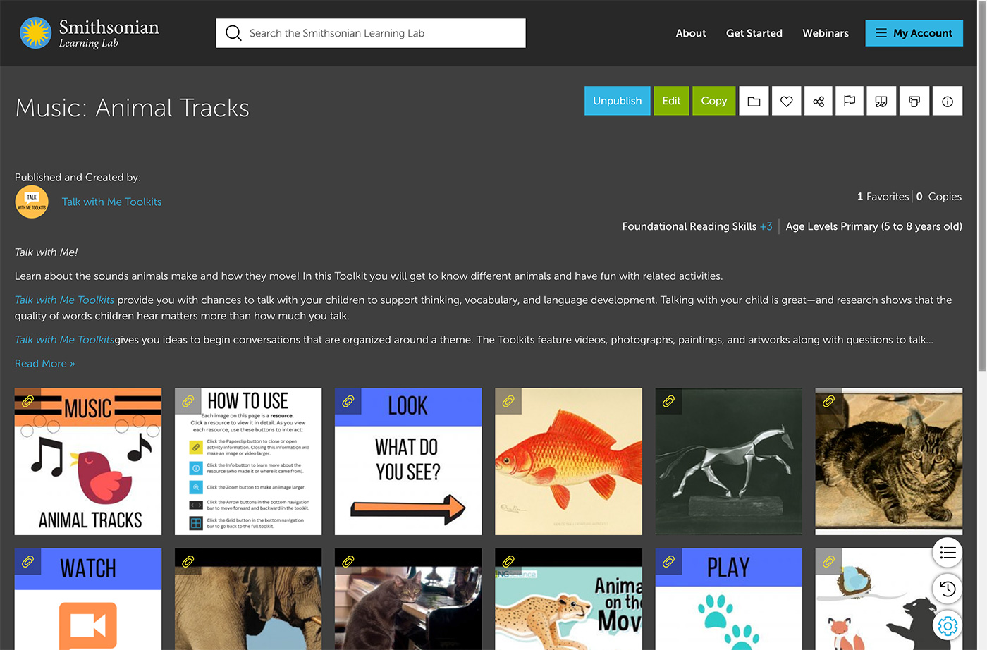Homepage view of the Talk with Me Toolkit called Music: Animal Tracks. A grid of images is shown on a gray background, some with photos, artworks, etc.