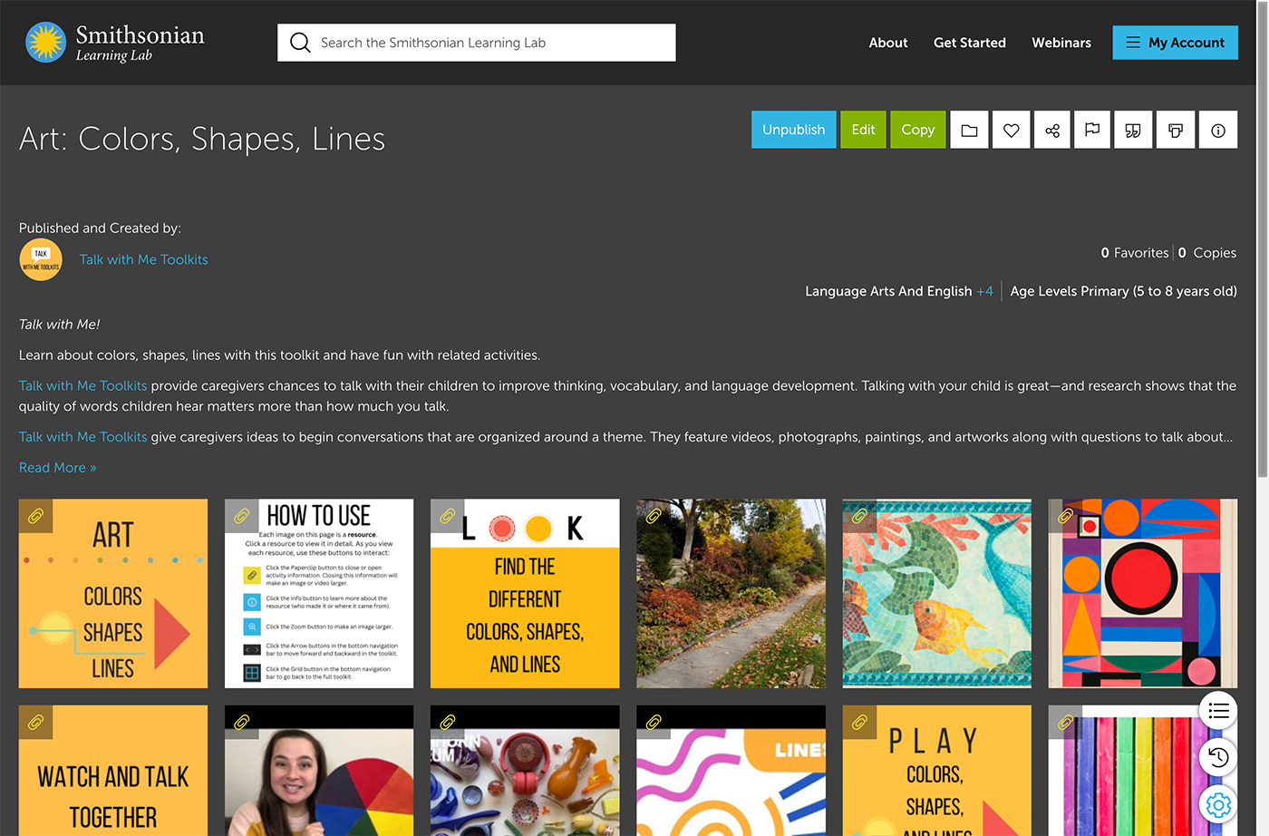 Homepage view of the Talk with Me Toolkit called Art: Color, Shapes, Lines. A grid of images is shown on a gray background, some with photos, artworks, etc.