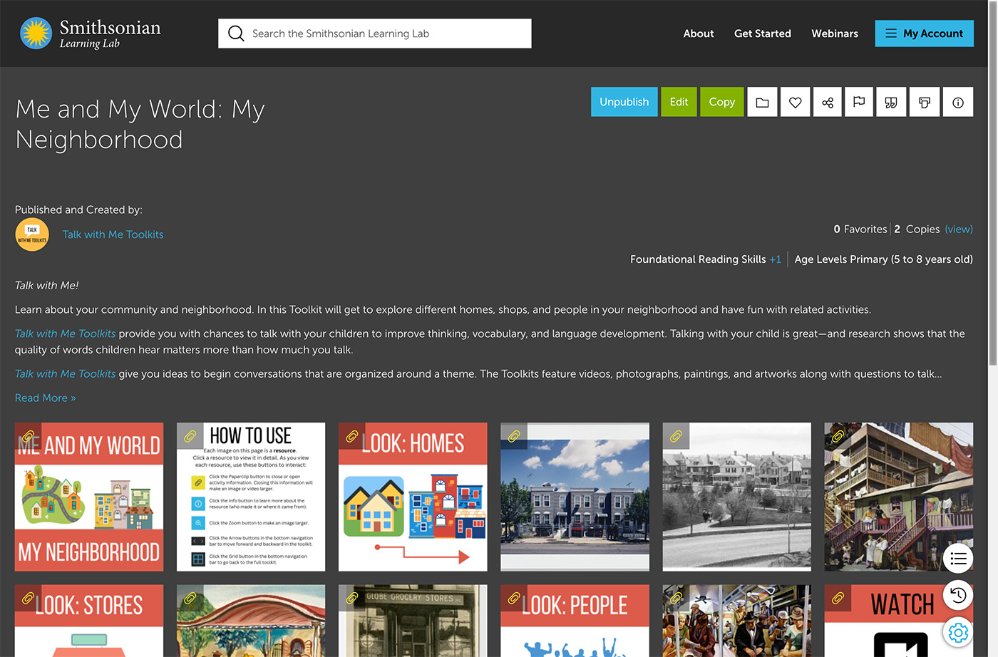 Homepage view of the Talk with Me Toolkit called Me and My World: My Neighborhood. A grid of images is shown on a gray background, some with photos, artworks, etc.