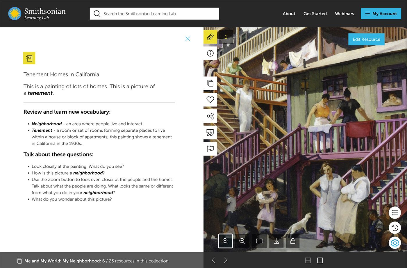 Resource view of one item within the Talk with Me Toolkit called Me and My World: My Neighborhood. On the left is text describing the artwork on the right. The text includes vocabulary definitions and discussion prompts